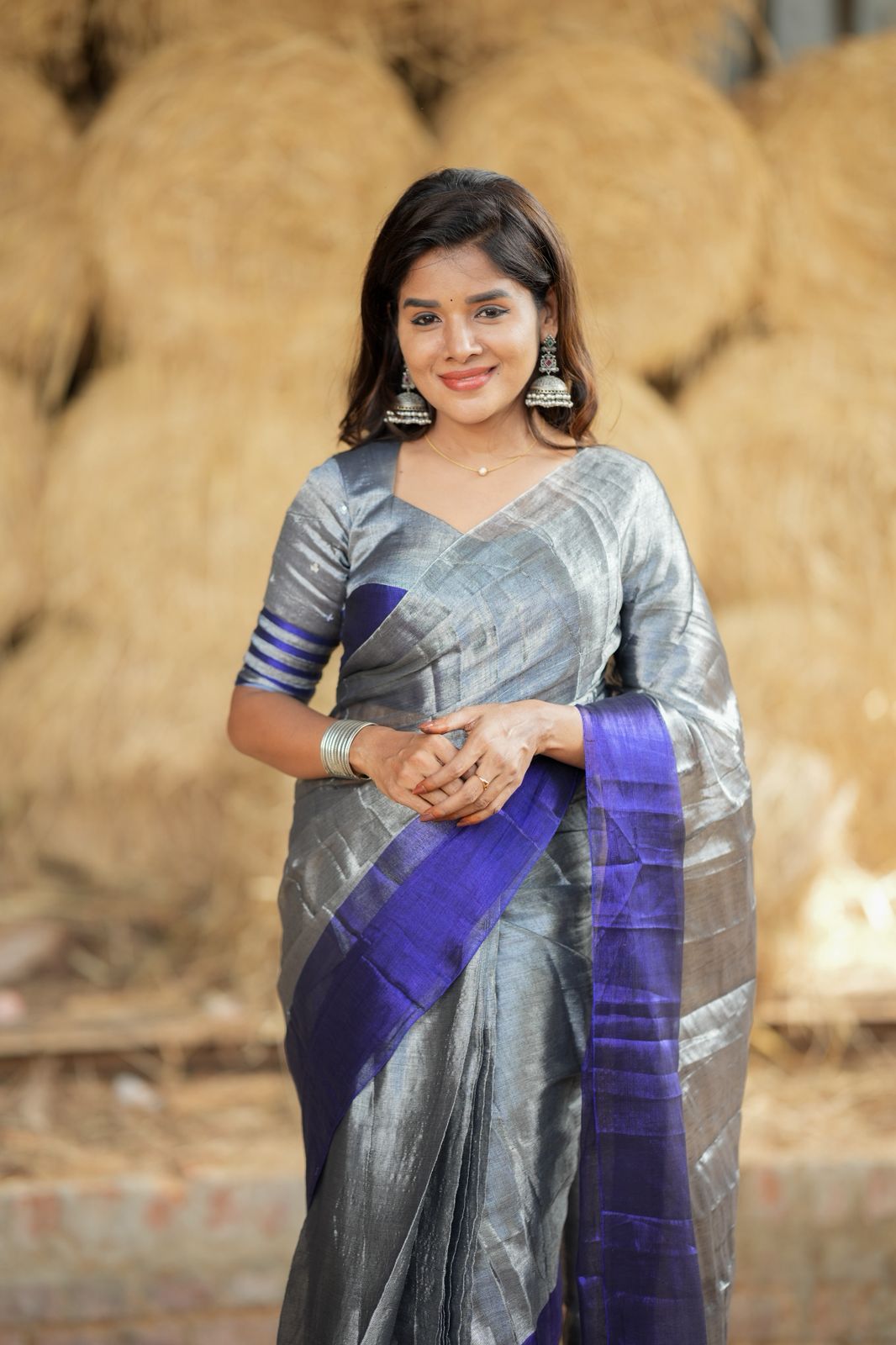 Silver grey blue soft tissue saree with handwork blouse