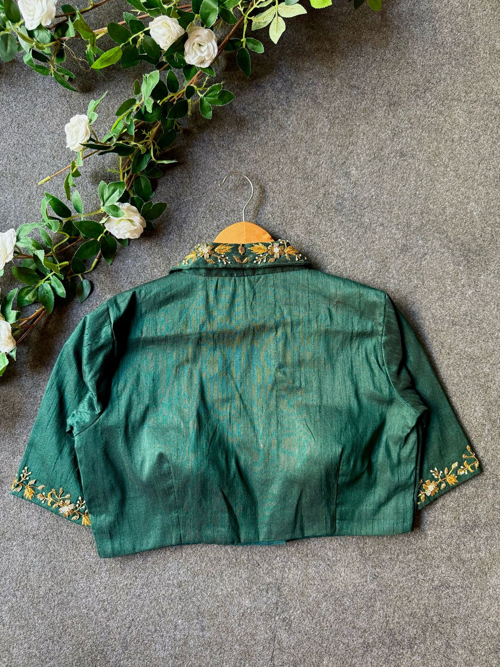 Green silk collar hand worked blouse