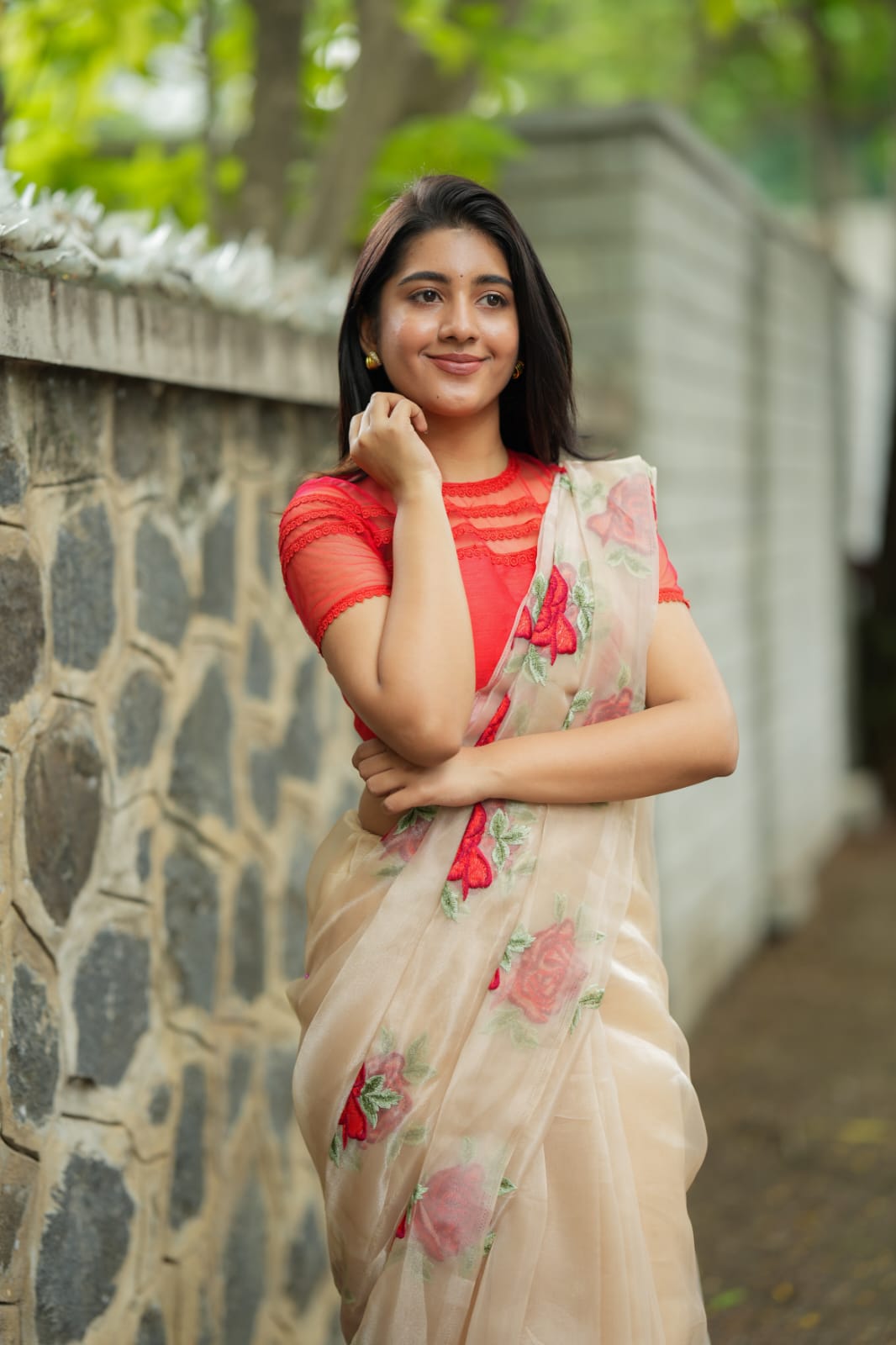 Glossy organza saree with red embroidery blouse