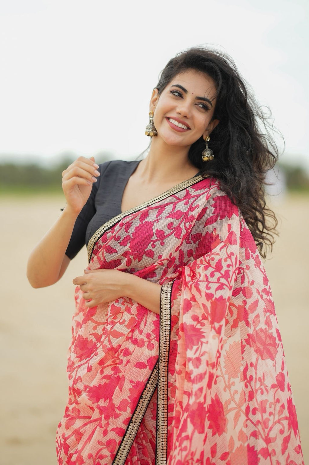 Cream red kota saree with silk hand work blouse