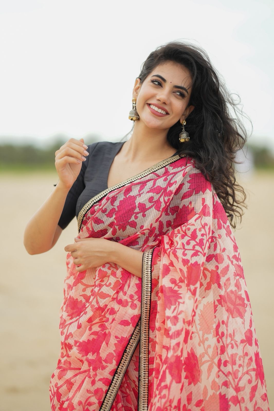 Cream red kota saree with silk hand work blouse