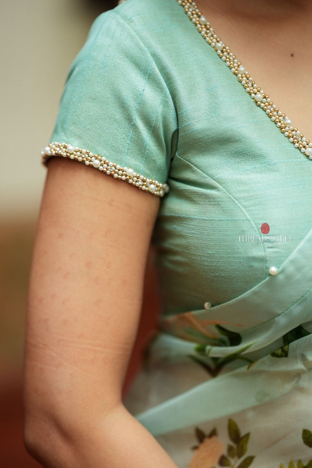 Sea green silk pearl hand work blouse (only blouse)