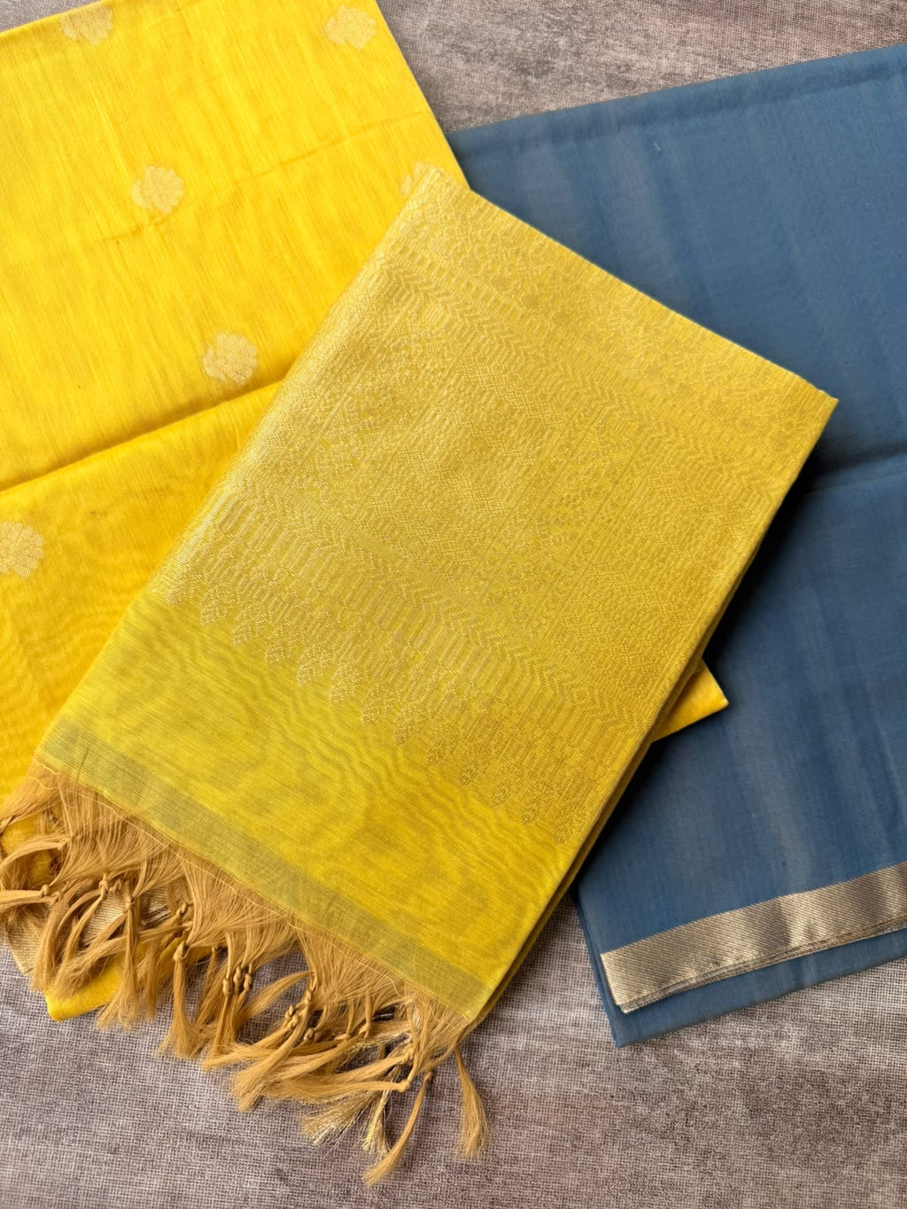 Yellow & blue chanderi 3 piece kurti