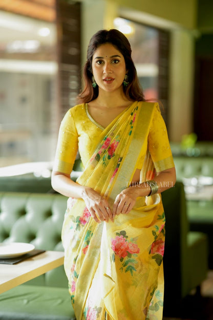 Yellow linen cotton saree with hand work blouse