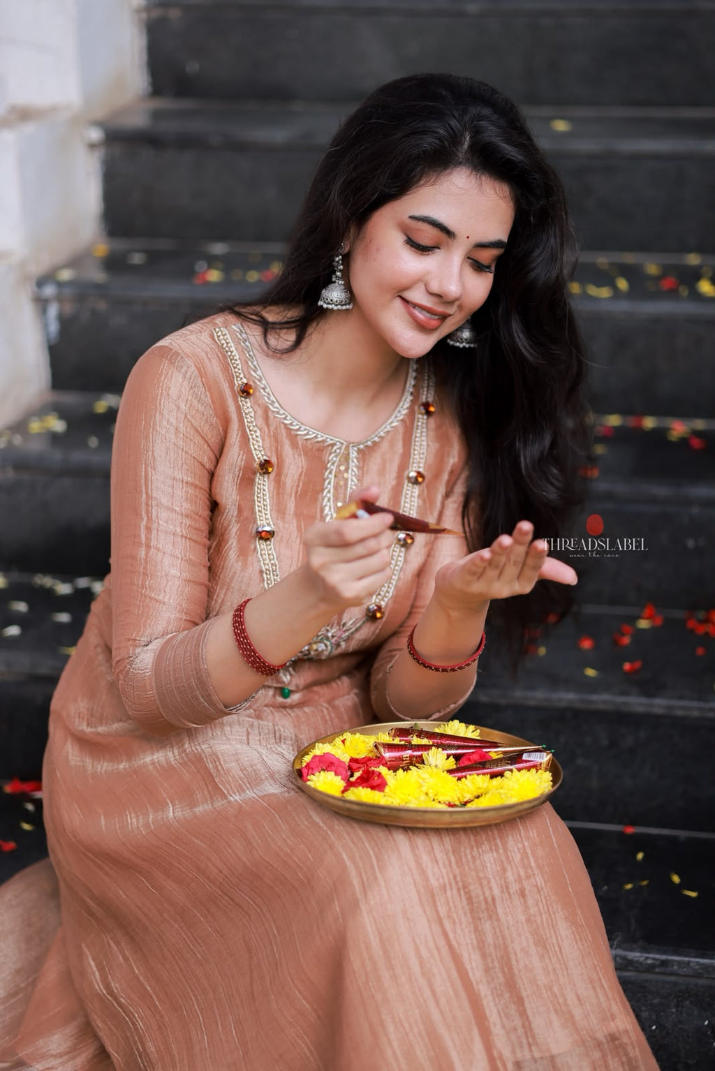 Peach tissue JEWEL NECK kurti