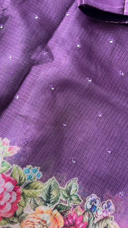 Lavender purple floral kota doria saree with patterned blouse