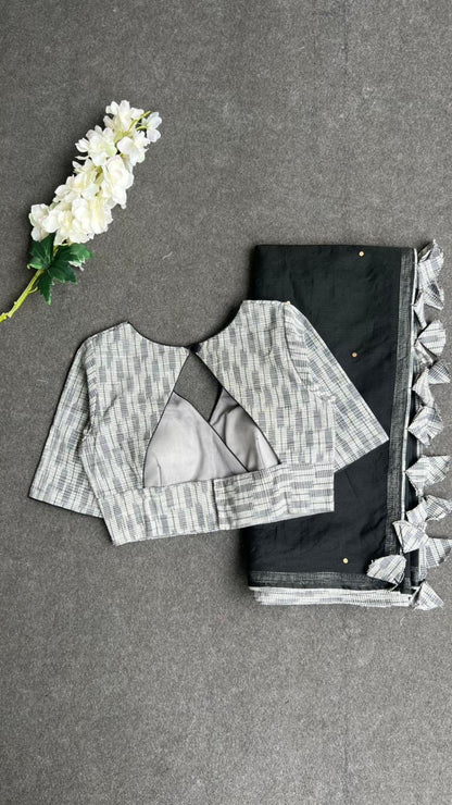 Char coal kota saree with grey white cotton blouse