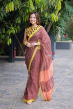 Brown jute saree with banarasi hand work blouse