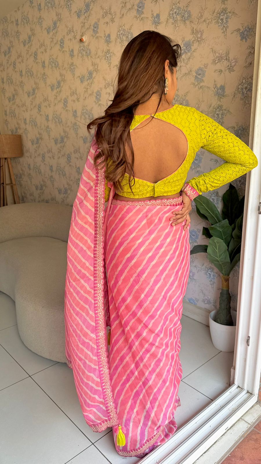 Pink lehariya saree with green hakoba embroidery blouse