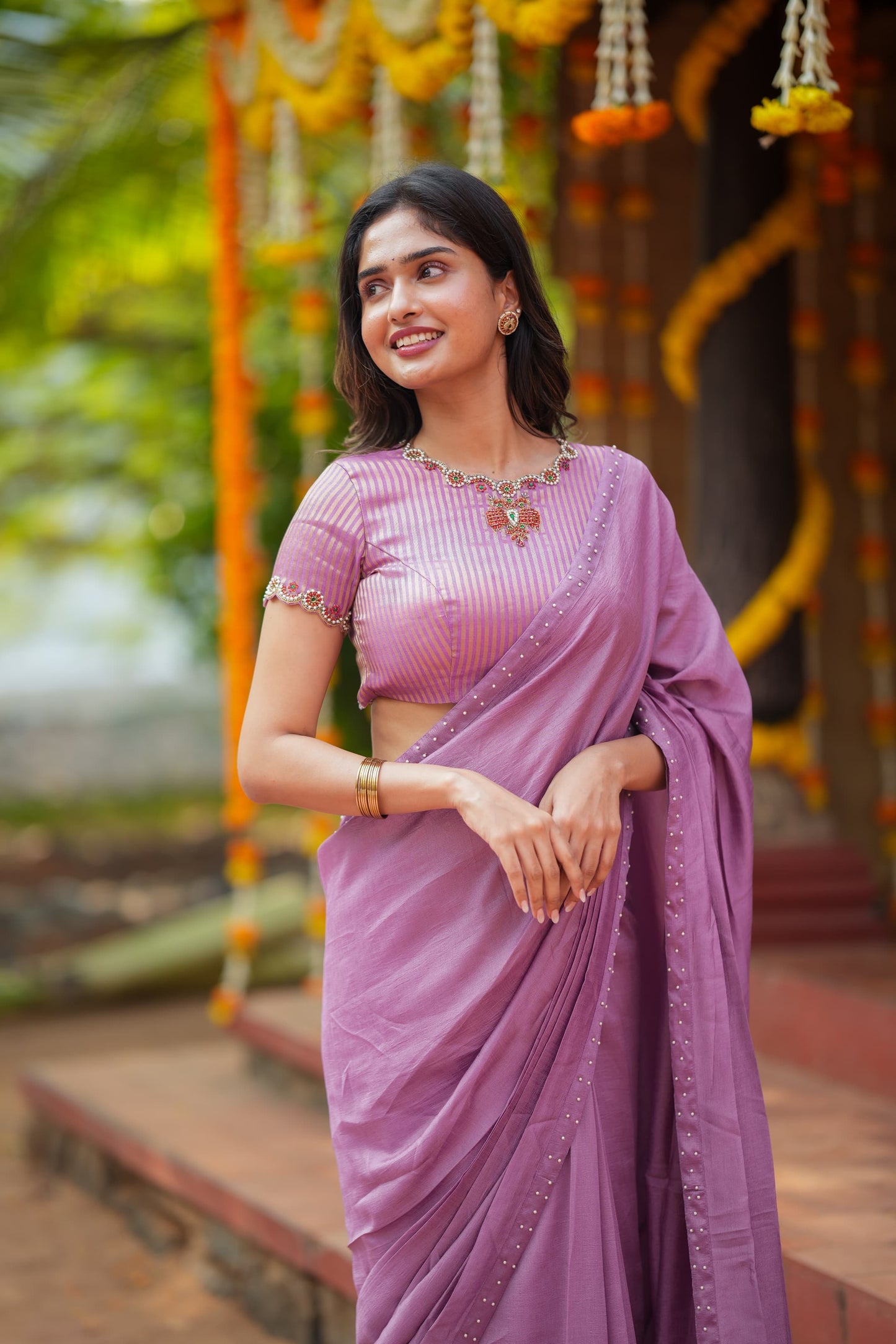 Lavender marble saree with Jewel neck handwork blouse