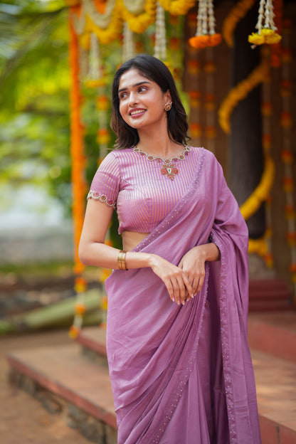 Lavender marble saree with Jewel neck handwork blouse