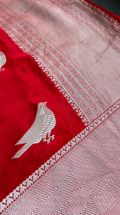 Red malai silk saree with zari work blouse