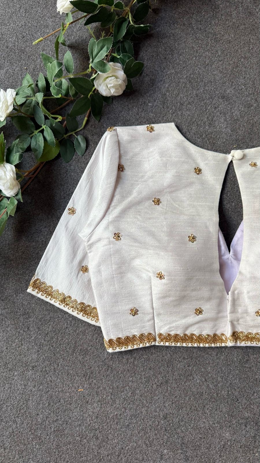 White silk shoulder hand worked blouse