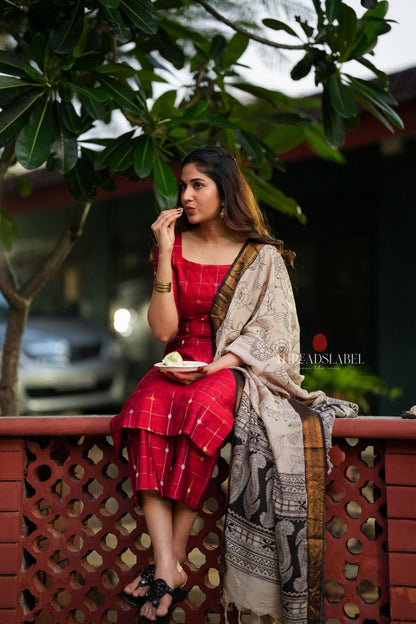 Red checked zari woven kurti