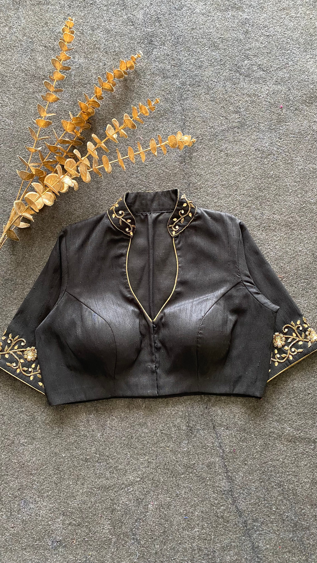 Black silk collar & sleeves hand worked blouse