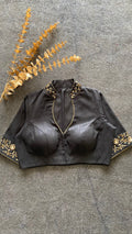 Black silk collar & sleeves hand worked blouse