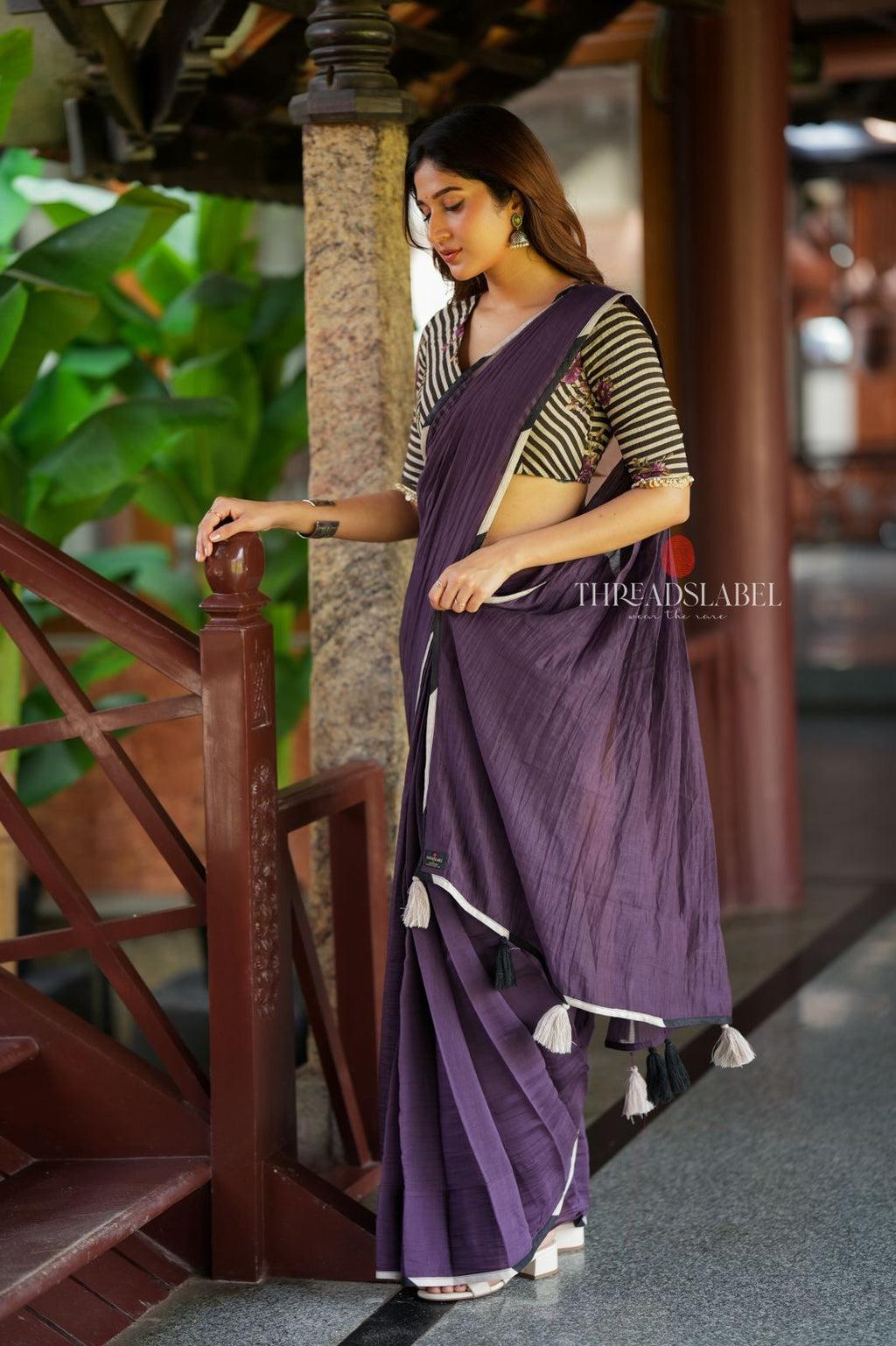 Deep purple mul cotton saree with hand block print blouse