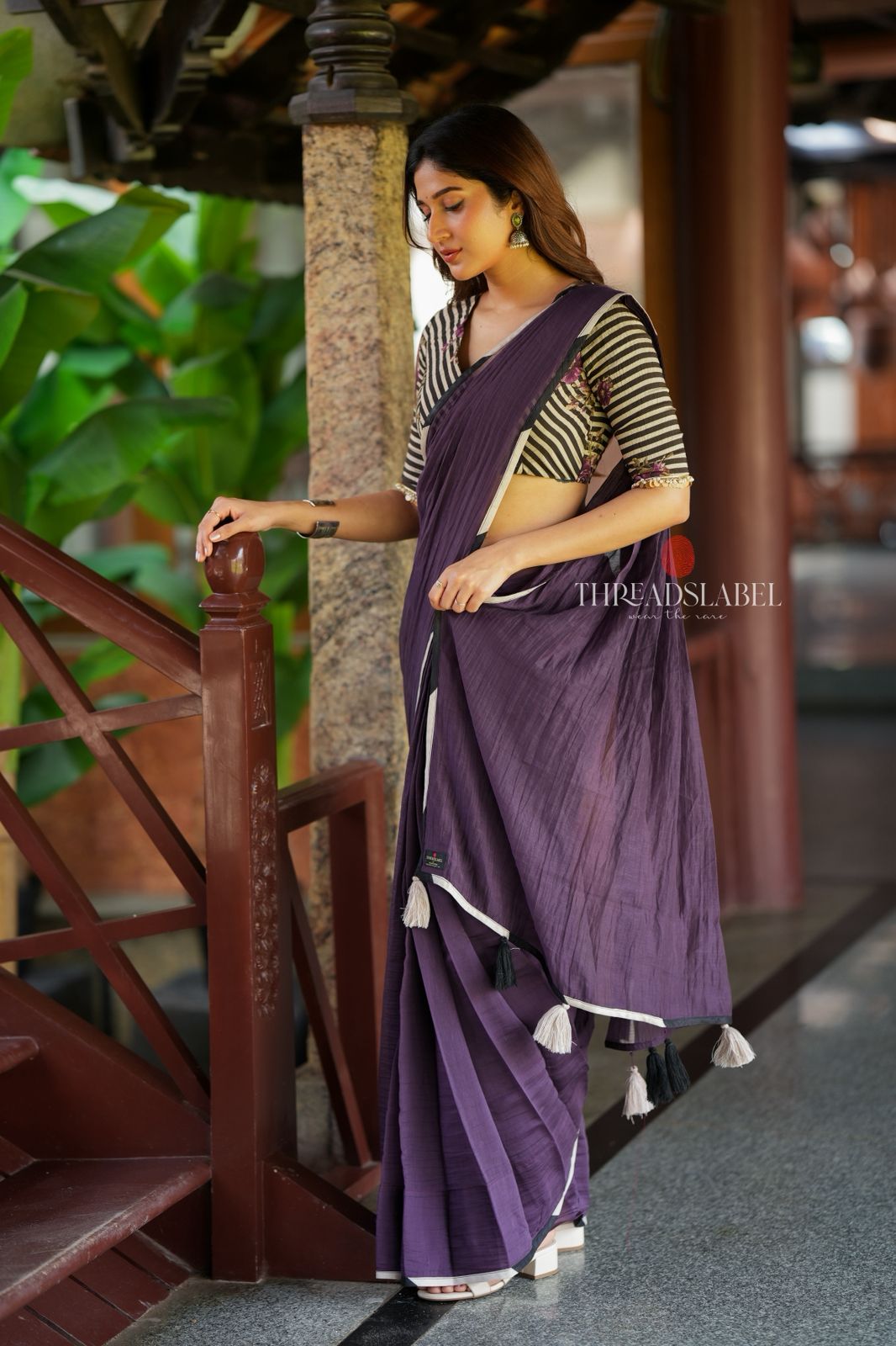 Deep purple mul cotton saree with hand block print blouse