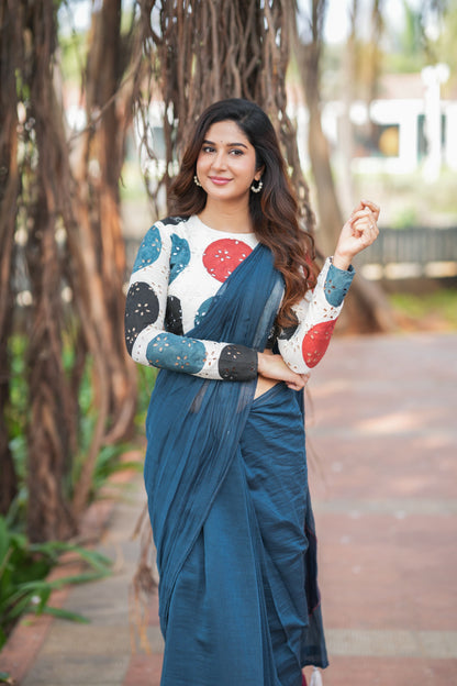 Blue mul chanderi saree with embroidery ajrak blouse