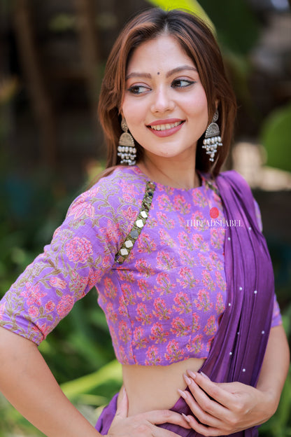 Purple mul chanderi saree with mirror work blouse