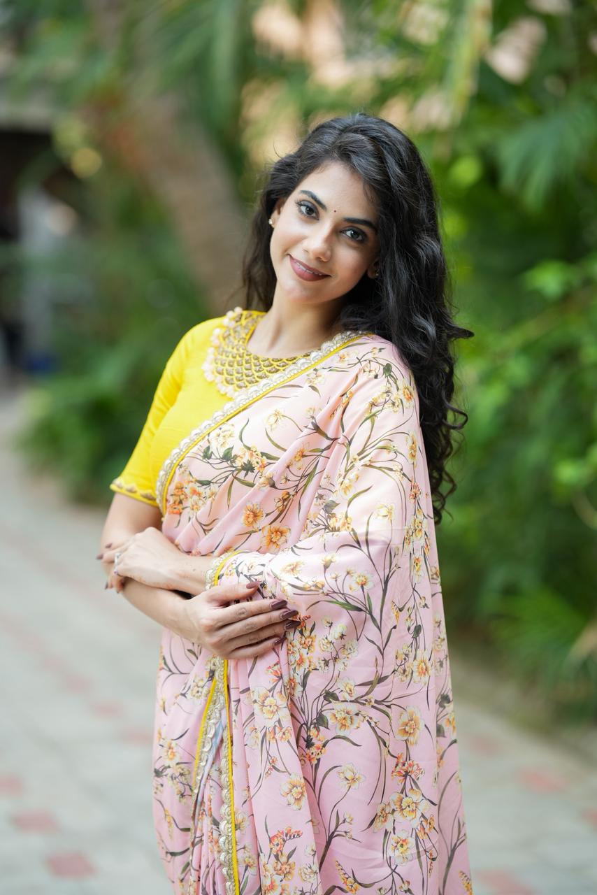 Peach georgette saree with silk hand work blouse