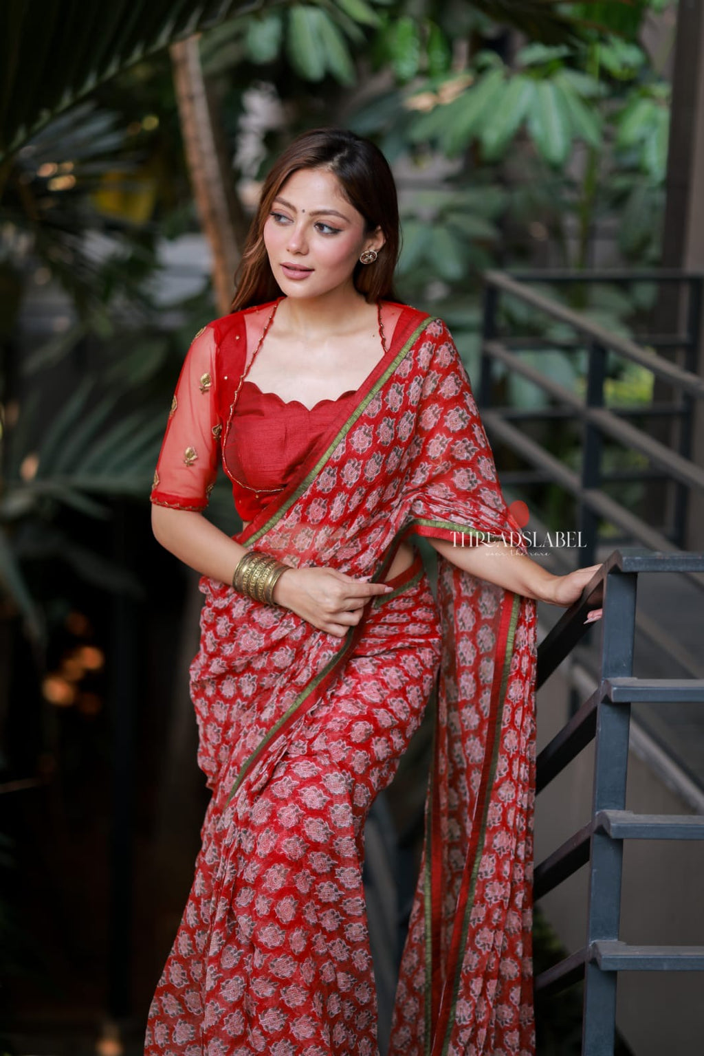 Red cotton kota saree with hand work blouse