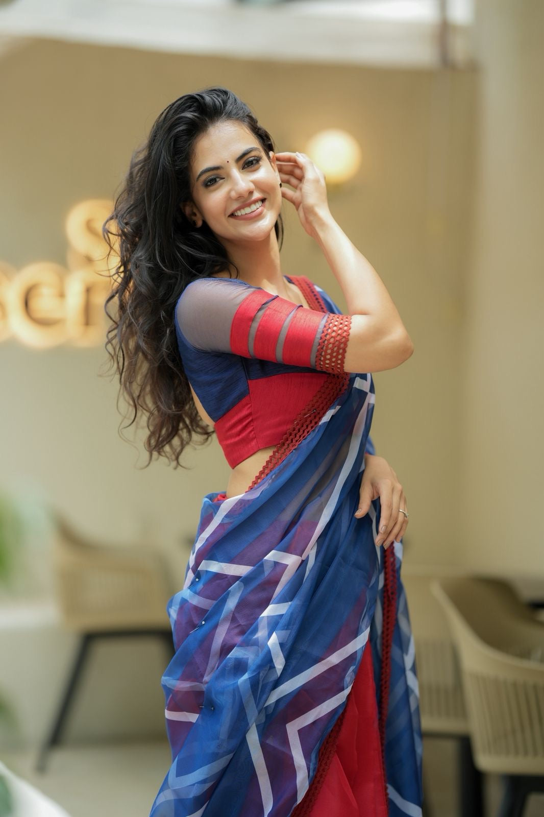 Blue maroon organza saree with patterned blouse