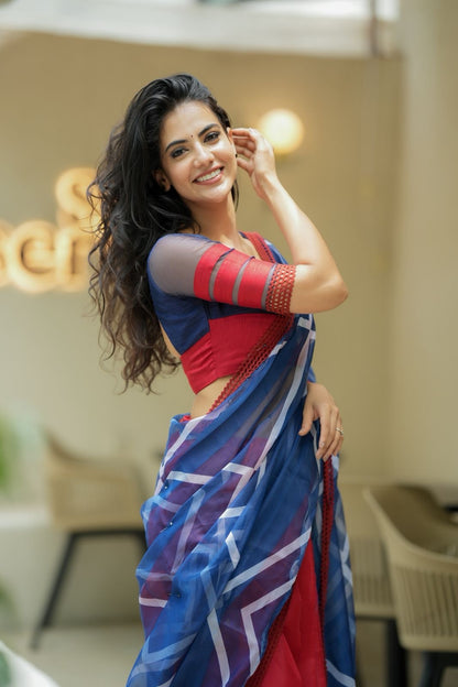 Blue maroon organza saree with patterned blouse
