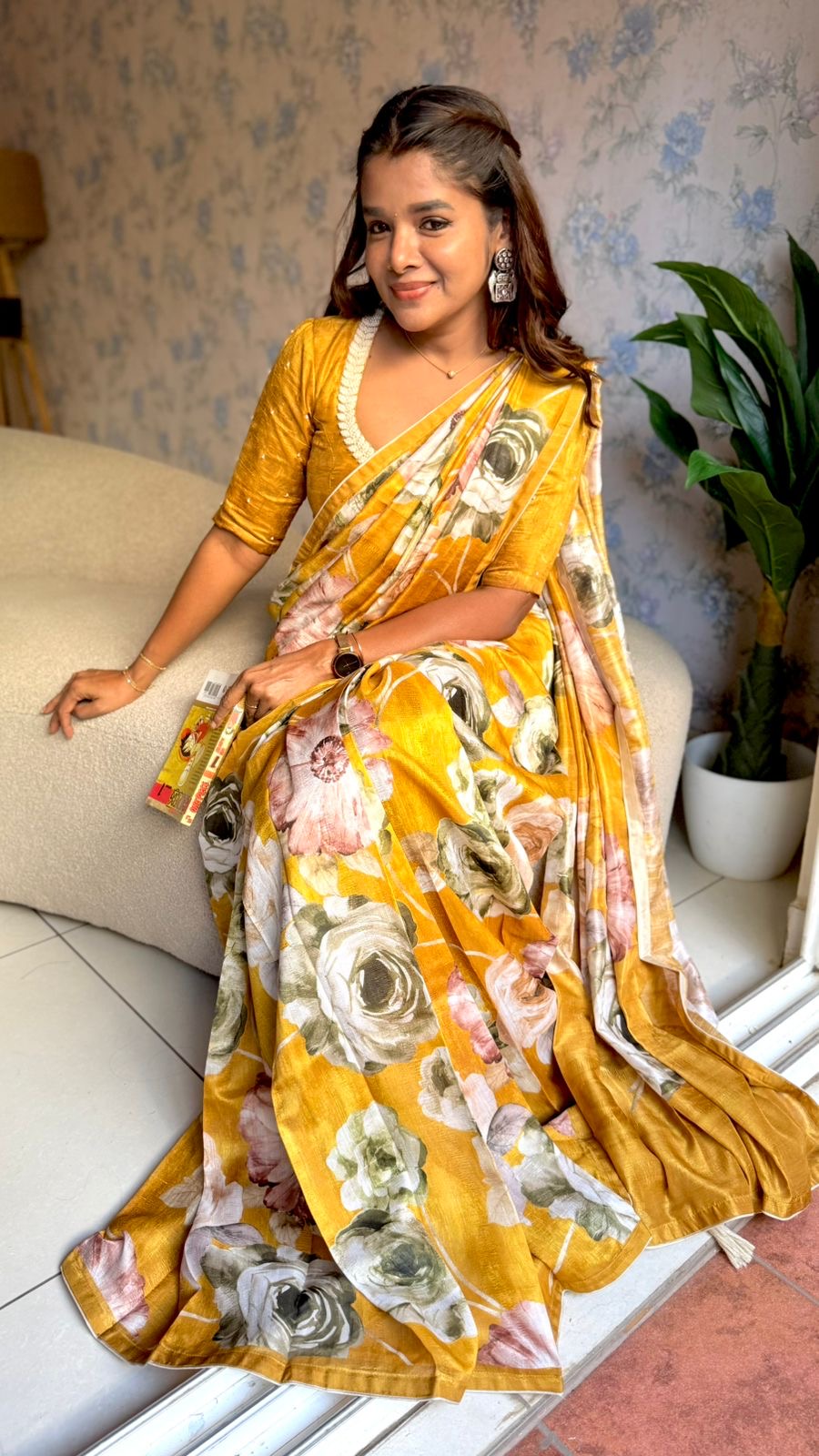 Mustard yellow marble saree with pearl work blouse