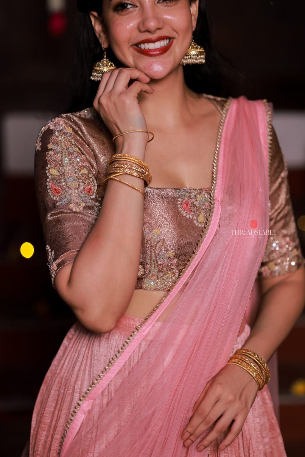Pink marble silk lehenga with handwork blouse