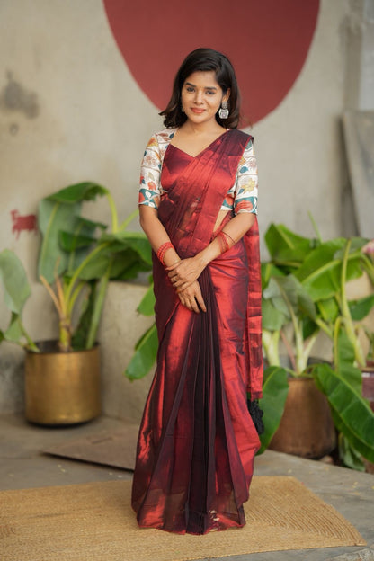 Wine soft tissue saree with floral blouse