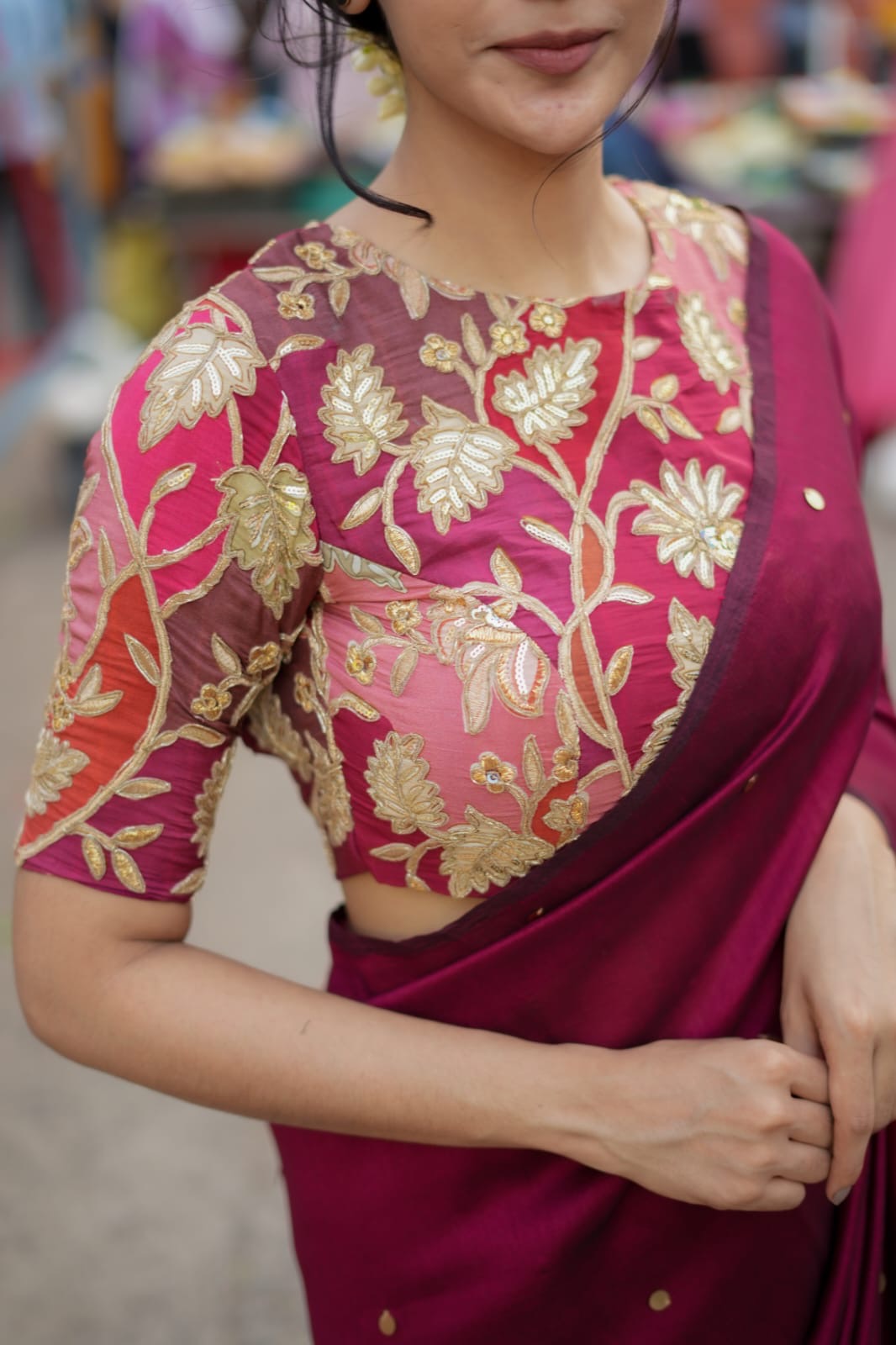 Maroon marble silk saree with embroidery blouse