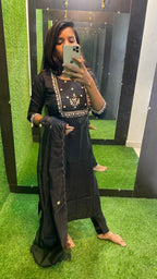 Black silk hand work embroidery 3 piece kurti set - Threads
