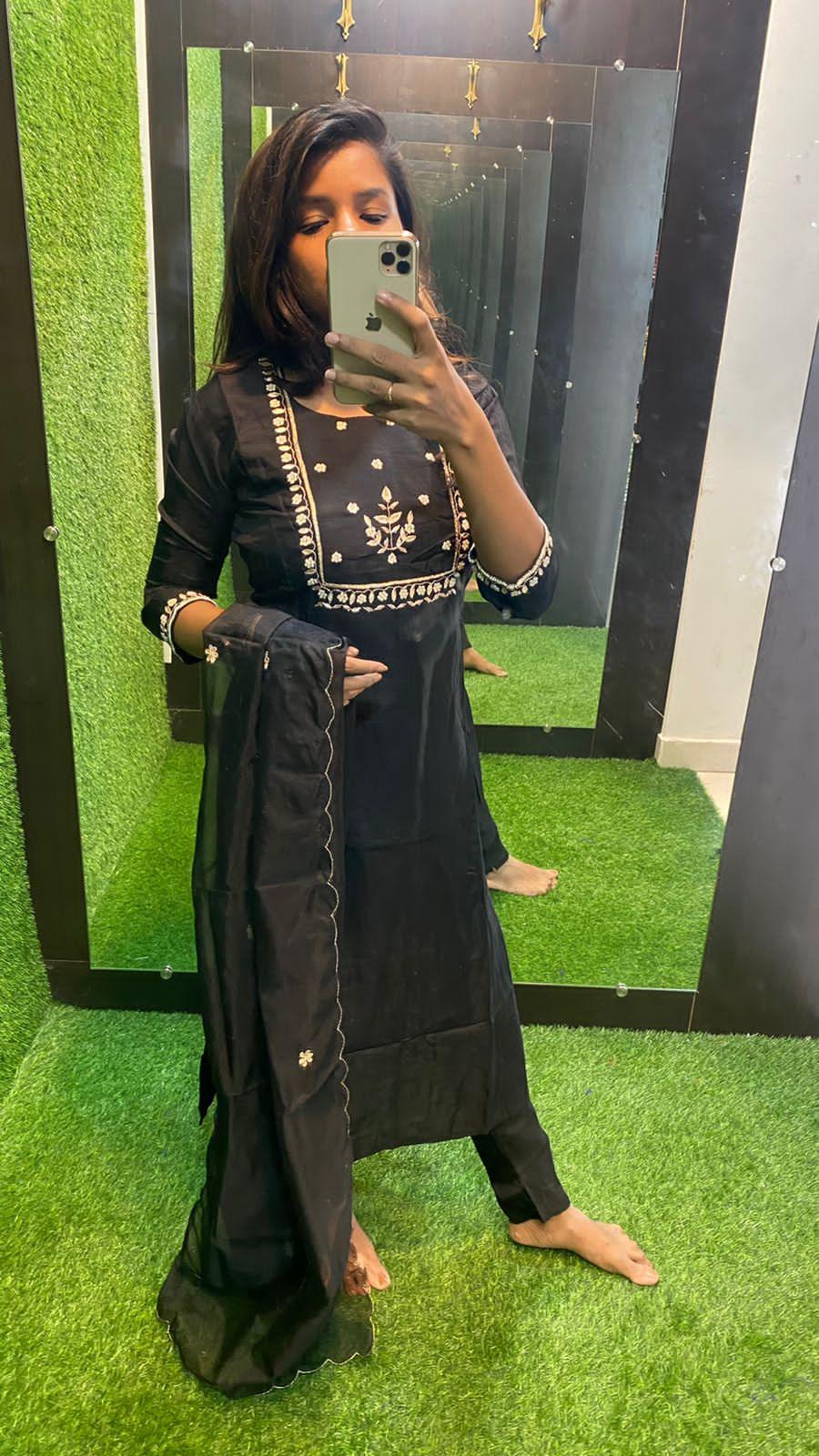 Black silk hand work embroidery 3 piece kurti set - Threads