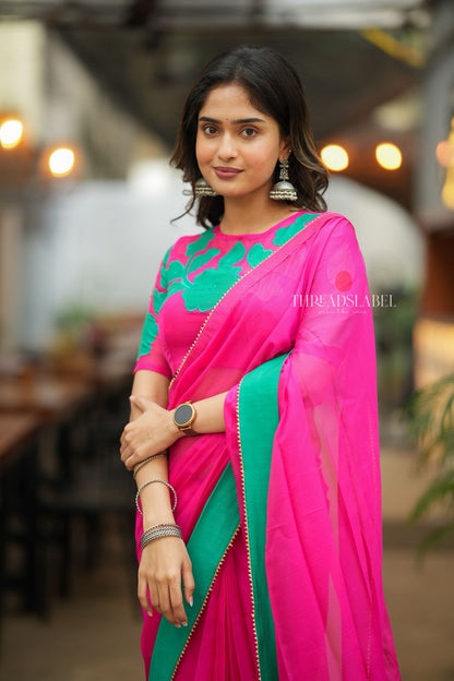Pink organza saree with floral hand work blouse