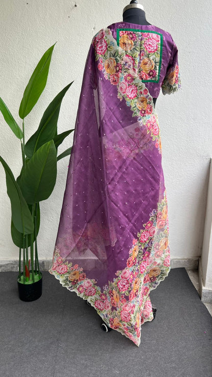 Lavender purple floral kota doria saree with patterned blouse