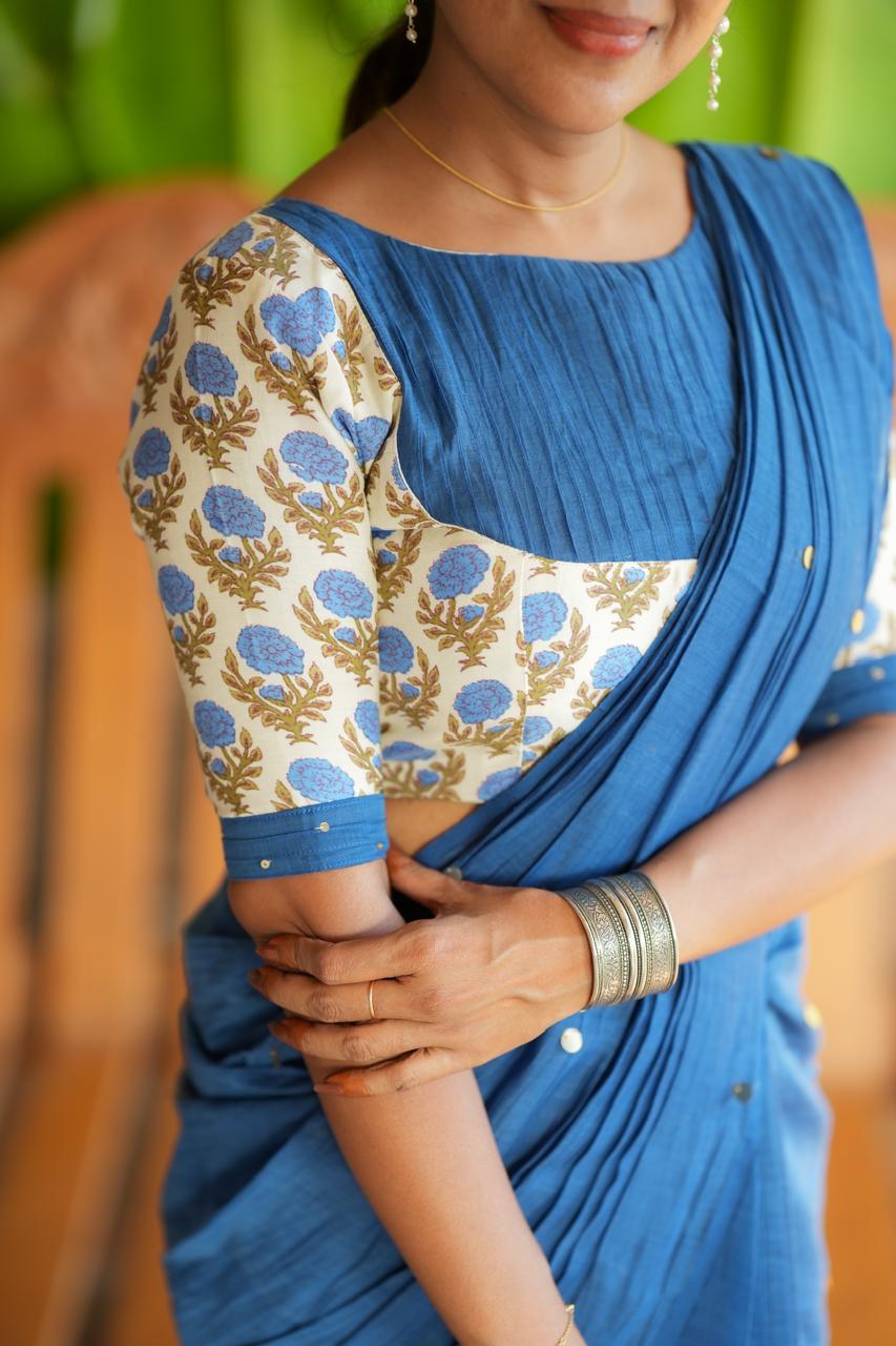 Blue malai chanderi saree with floral print blouse