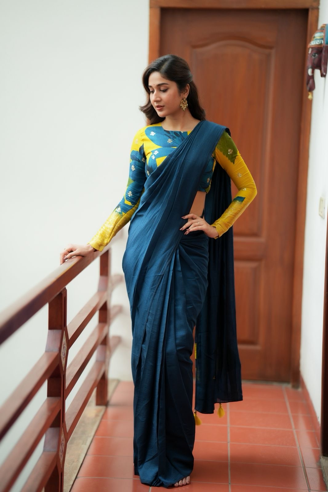 Deep blue marble silk saree with embroidery blouse