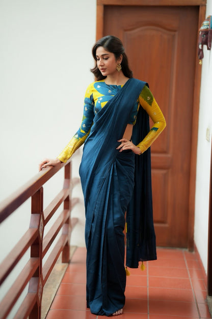 Deep blue marble silk saree with embroidery blouse