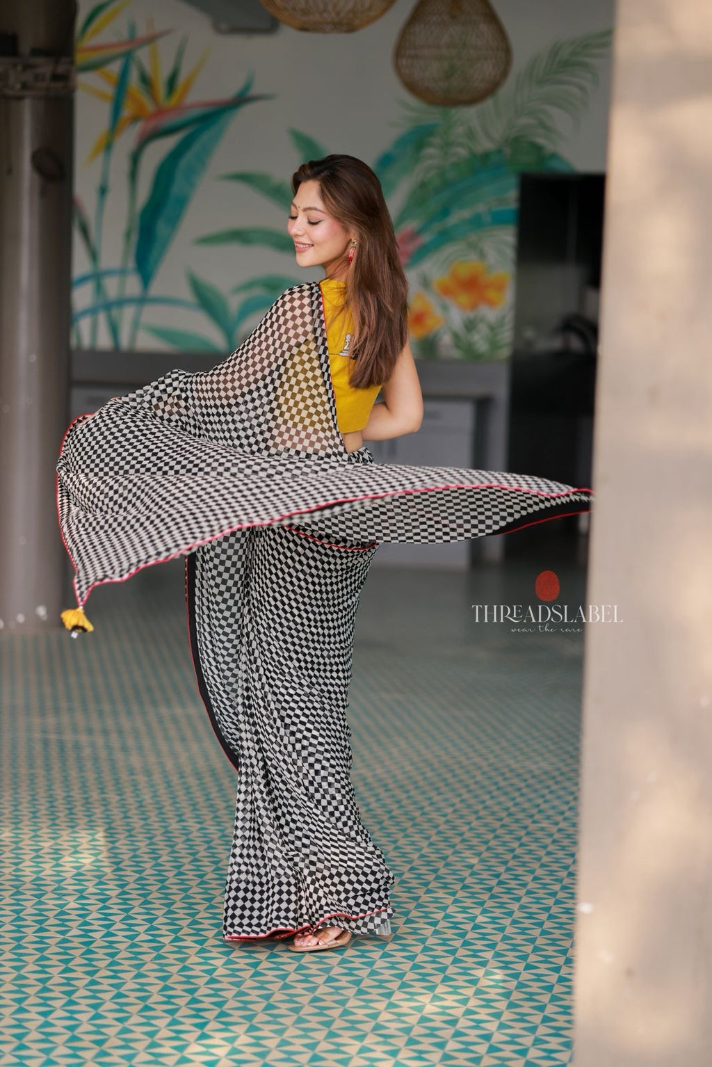 Black & white matrix chiffon saree with chess blouse