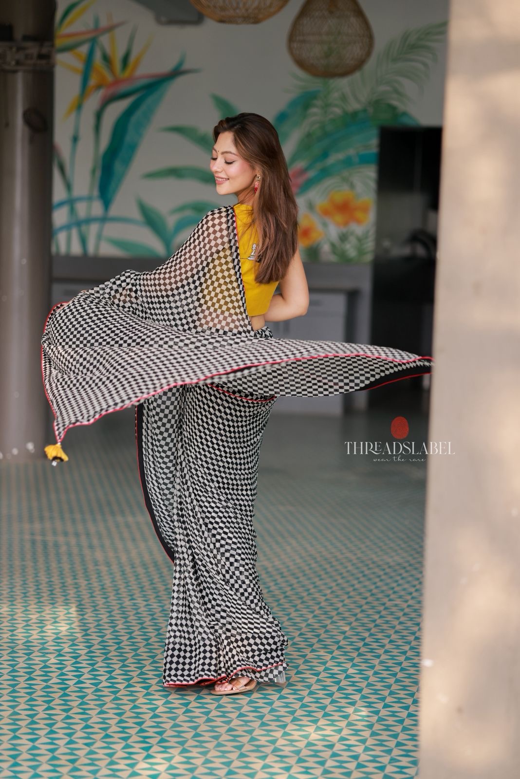 Black & white matrix chiffon saree with chess blouse