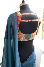 Blue malai cotton saree with kalamkari handwork blouse