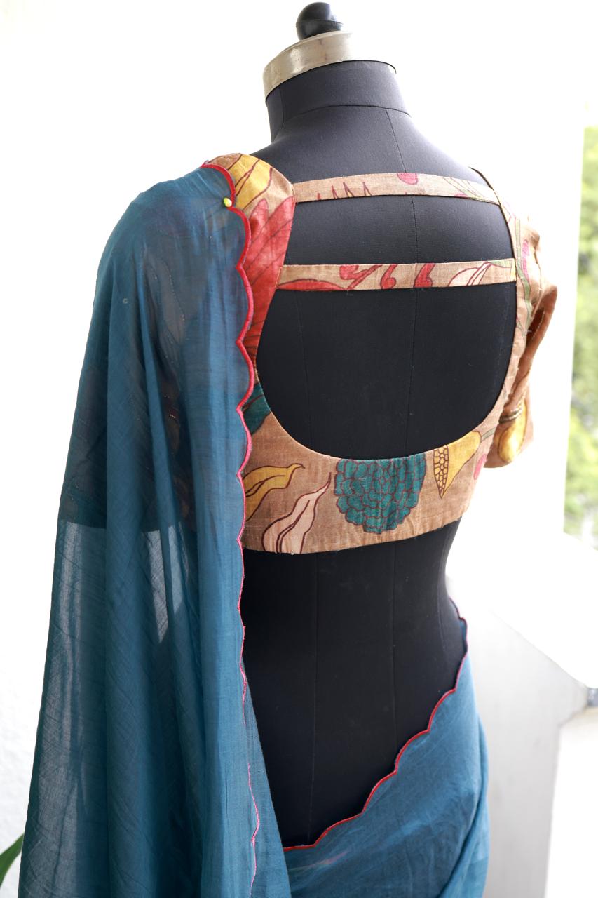 Blue malai cotton saree with kalamkari handwork blouse