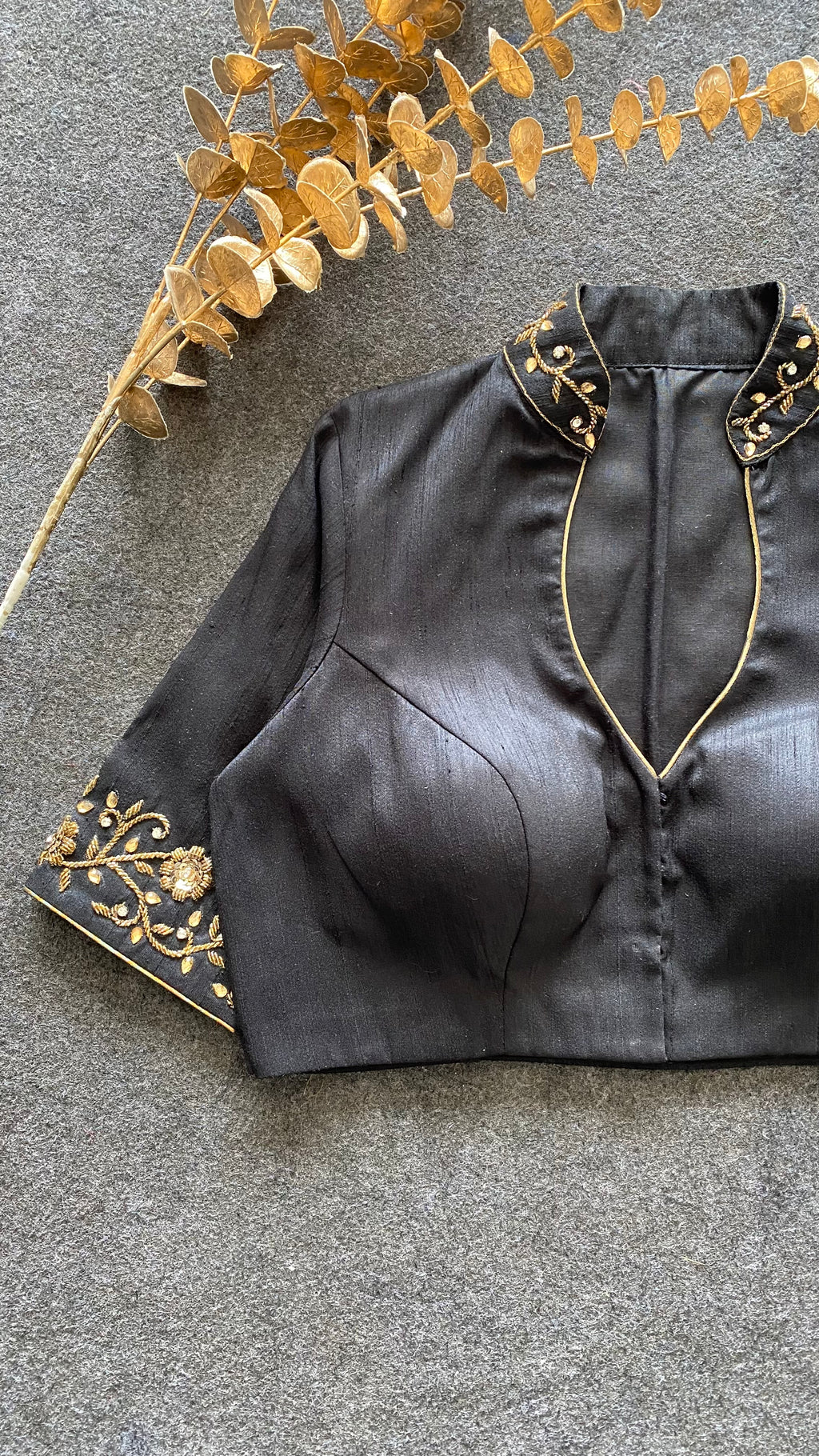 Black silk collar & sleeves hand worked blouse