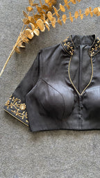 Black silk collar & sleeves hand worked blouse