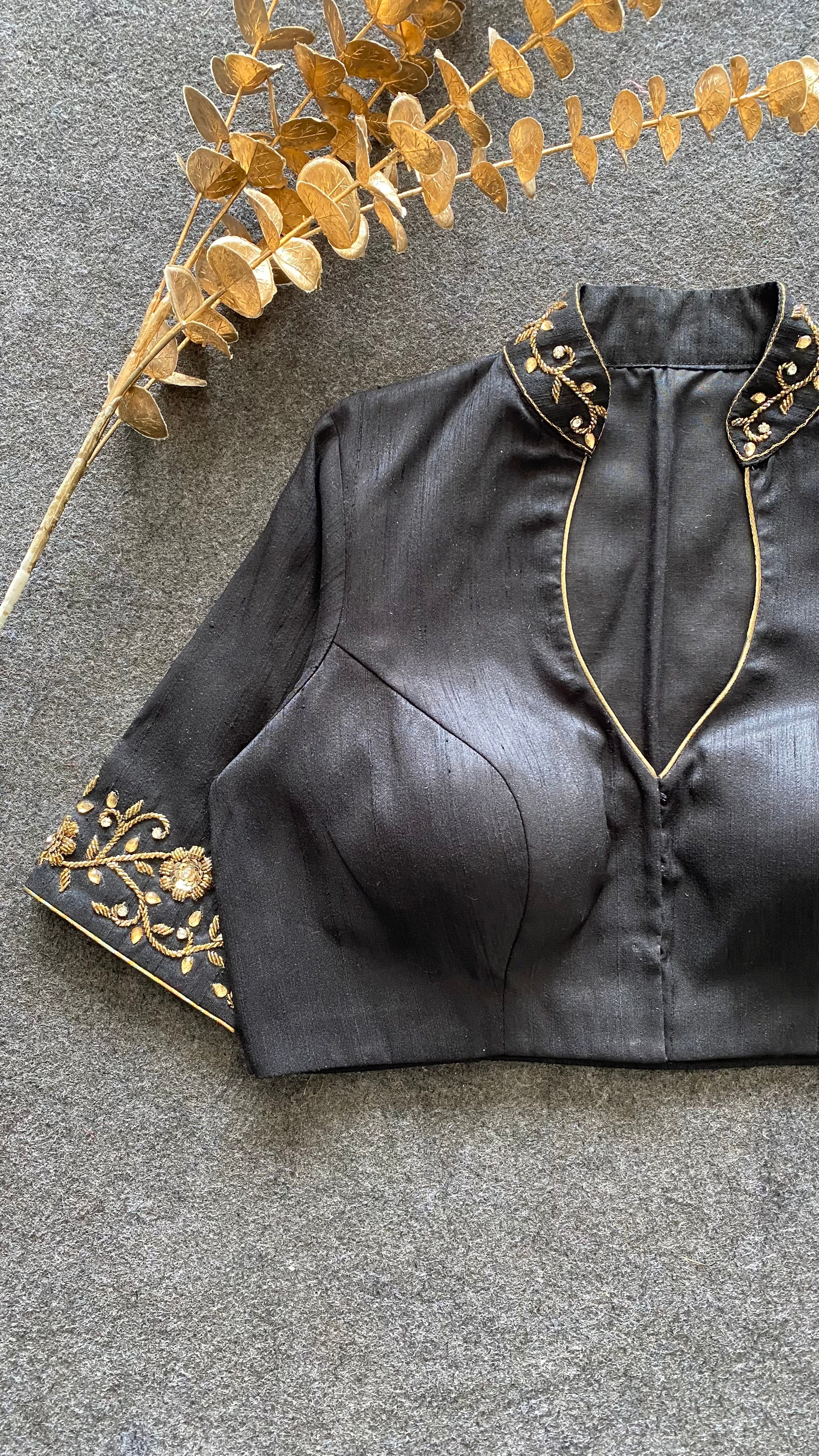 Black silk collar & sleeves hand worked blouse