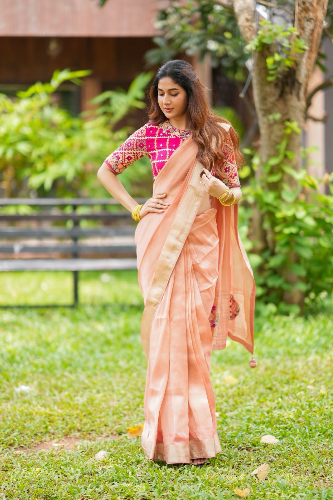 Peach banarasi saree with silk hand work blouse