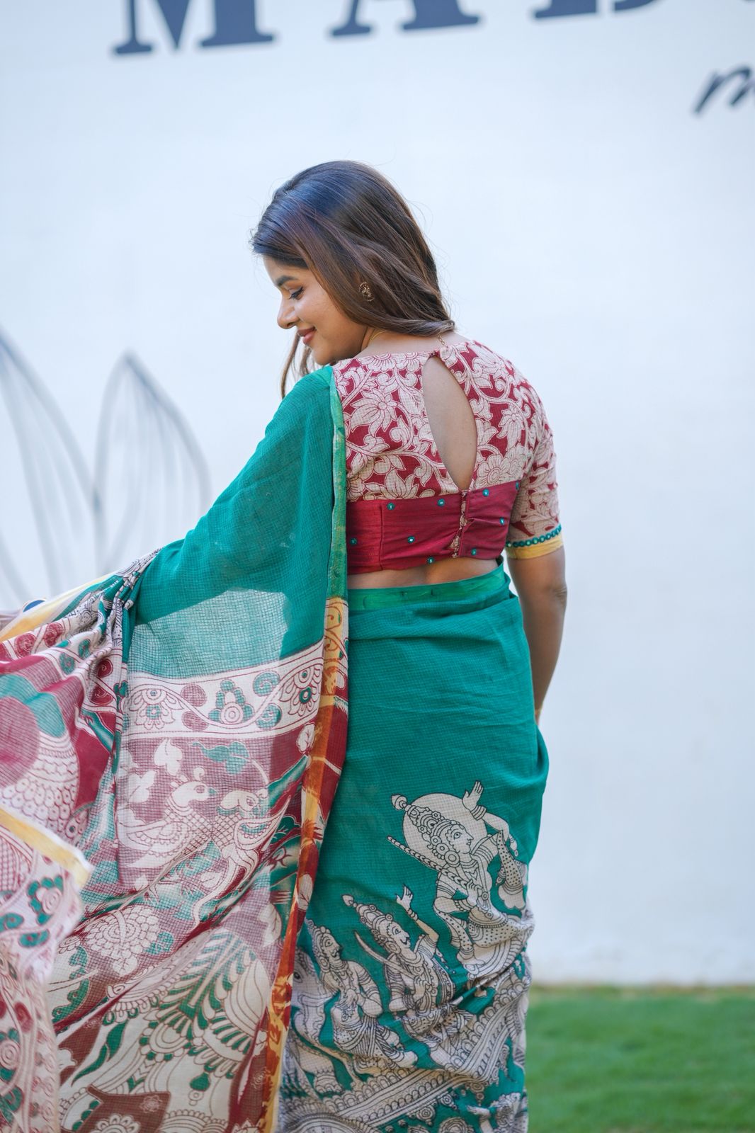 Green kota saree with kalamkari work blouse