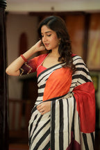 Black & white stripped kossa designer saree