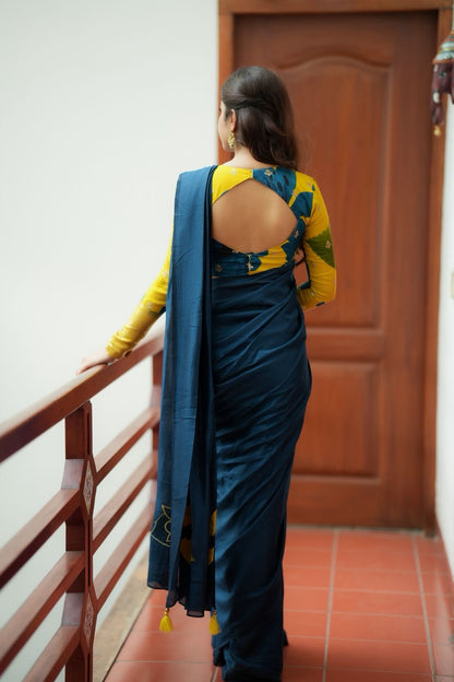 Deep blue marble silk saree with embroidery blouse